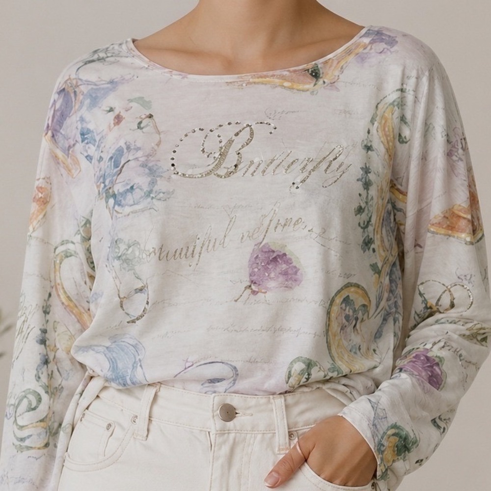 Studio Collection Embellish Designs Butterfly Floral Rhinestone Top‎ XXL Pastel